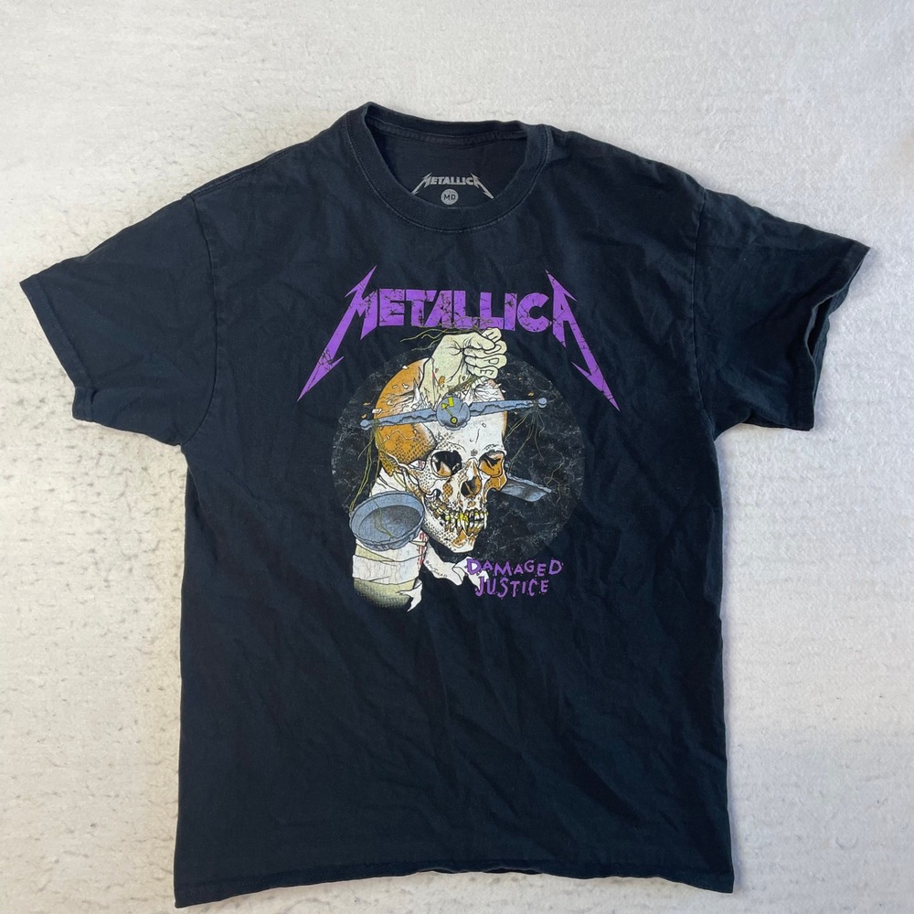 Metallica T-Shirt Medium Black Damaged Justice Graphic Band Tee Short Sleeve